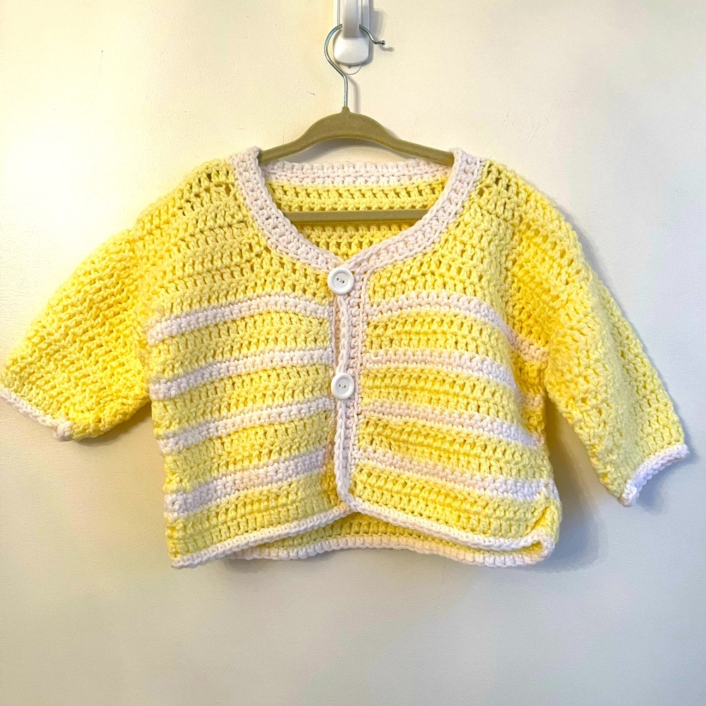 Vintage Handmade Crochet Baby Toddler Child Cardigan Yellow White Buttons